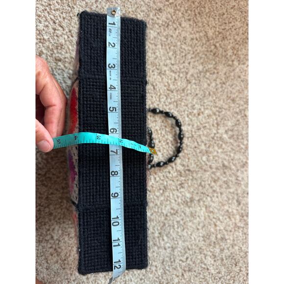 Vintage Needlepoint Tote bag, w/ wooden beaded handle; Patchwork produce - Picture 7 of 10